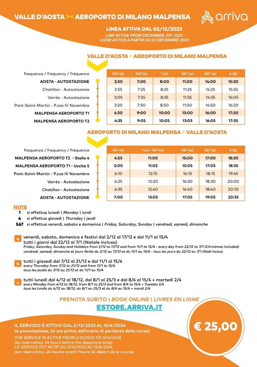VacanzeD's tweet photo. SERVIZI DI COLLEGAMENTO DA/PER AEROPORTO MILANO MALPENSA - INVERNO 2023/2024
Vi informiamo che dal 2 dicembre 2023 al 15 aprile 2024 è attivo un servizio di transfer a mezzo bus dall'aeroporto internazionale di Milano Malpensa alle località della Valle d'Aosta https://t.co/osDO5eTM7X