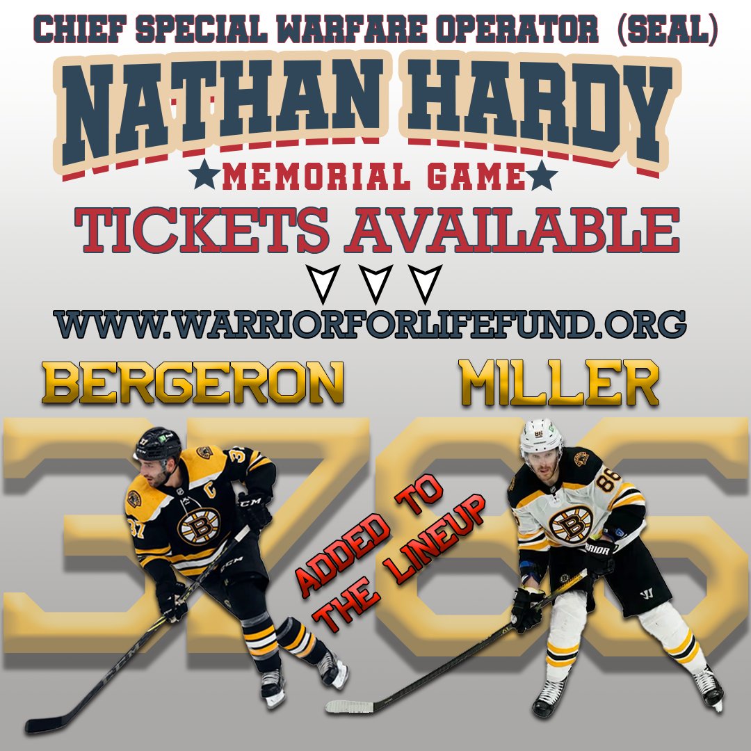 Patrice Bergeron &amp; Kevan Miller CONFIRMED!

🚨Bergeron is making his Bruins Alumni debut. 🚨
Get tickets here! shorturl.at/nyQ28
Bruins Alumni vs Warrior For Life Fund All Stars at Warrior Ice Arena on Dec. 2 (4pm). The game will honor the memory of Nate Hardy (SEAL).