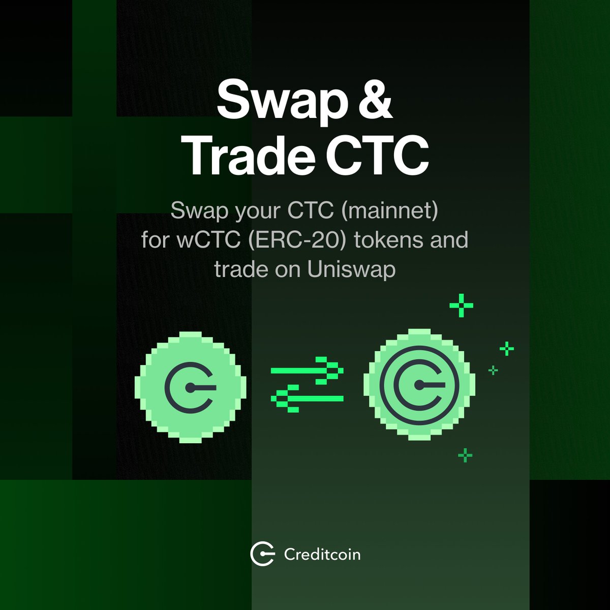 Creditcoin's tweet photo. 📢 CTC ↔ wCTC Swap Live 📢

✅ We’re excited to announce the release of the wCTC<->CTC swap tool following the CIP-1 community governance vote.

🖇️ Official swap link: https://t.co/YfuG1g3xbu
🦮 Official Guide: https://t.co/4lv96HQR4b

Read on for more information 👉

📜 What is wCTC and CIP-1?
Following the community’s vote in favour of CIP-1, the Creditcoin Foundation has officially released a new ERC-20 wrapped CTC (mainnet) token in order to facilitate mainnet liquidity. This new wrapped token is called wCTC.

ℹ️ For a more detailed explanation of the proposal and a wider discussion of CTC liquidity, please read the full blog post: https://t.co/cmHeypzgqZ

🤔 Why Swap CTC ↔ wCTC
The new swap tool allows users to swap their mainnet CTC for wCTC on Ethereum at a 1:1 ratio.

By swapping their CTC for wCTC, users can then access trading options on Uniswap, including floating wCTC/ETH and wCTC/G-CRE trading pairs.

👉 Uniswap wCTC link: https://t.co/LSbCnvsOIo
The Creditcoin Foundation is providing limited liquidity to these pairs in order to kickstart liquidity.

Please bear in mind that wCTC is not the token currently listed on centralized exchanges, which may lead to price slippage between wCTC and G-CRE (the CTC token listed on exchanges).

🦮 How does the swap tool work?
In order to use the swap, we recommend following the official swap announcement guide. This has detailed instructions on everything you need to know, including a video step-by-step tutorial.

🖇️ Official Swap Guide: https://t.co/4lv96HQR4b

Otherwise, we’ve provided a shortened swapping guide below 👇

📖 Swap Instructions 📖
1) Register your Wallets Together - Before you proceed, you’ll need to register your CTC (mainnet) and Ethereum addresses together. Once linked, these cannot be unlinked again.

IMPORTANT: Only ever use your linked wallets to perform swap transactions.

2) Select your desired swap - Now that you’ve linked your wallets together, please choose your desired swap direction. Please bear the following swapping fees in mind:

🛂 Swapping fees 🛂
CTC → wCTC = 10 CTC
wCTC→ CTC = Free*
*ETH transaction fees apply separately

3) Send your tokens - Simply copy the provided address and send your CTC or wCTC tokens to the Creditcoin Foundation address linked. Only ever send tokens to the official swap address shown on the website - be careful of phishing links.

Also, please make sure you always send your tokens from one of the wallets you previously registered together.

4) Find the transaction hash - Please make a note of the transaction/extrinsic hash and enter it into the box provided. If you need help finding your transaction hash, please consult the official guide.

5) Enter your email - Please enter your email so that we can contact you in case there is an error. If you do not provide a valid email, we won’t be able to help you in case there’s a problem with your transaction.

6) Wait to receive your tokens - If everything was submitted properly, you should receive your tokens in less than a week. Please bear in mind that each swap must be manually processed. Therefore, we will be sending users’ swapped tokens every Monday.

📒 Please remember to keep the following points in mind:
- Always make a note of your transaction hash
- Make sure you only ever use the CTC and ETH wallet addresses you registered together
- The CTC → wCTC minimum swap amount is 10. Swaps below this will be rejected
- Without a valid email address, we won’t be able to help you if something goes wrong
Happy swapping everyone!

💱 Uniswap wCTC trading link: https://t.co/1JQz4bz2fK