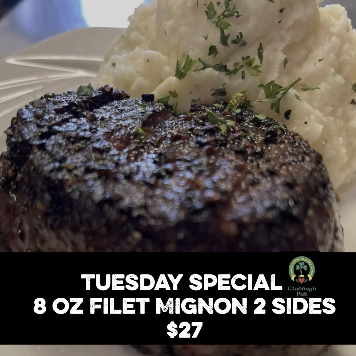 Craving a mouthwatering Filet 🥩 Mignon? 
Ditch cooking tonight and head straight to Claddagh Pub! 
Trust us, your taste buds will thank you! 
#FiletMignonLovers #TuesdayTreats #CladdaghPub #baltimoresbest