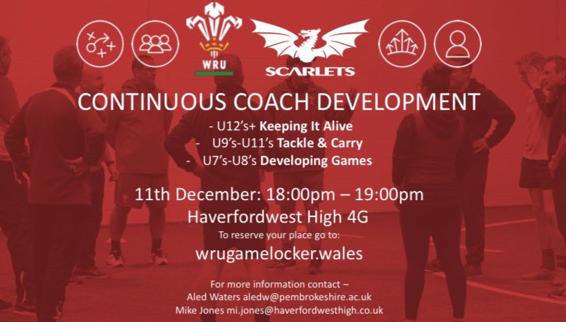 🚨CPD IN PEMBS🚨

📍- Haverfordwest High School 4G.
🗓️- 11th December 2023.
⏰- 18:00pm - 19:00pm.
3️⃣- 3 Different Topics.
📒- wrugamelocker.wales

Sign up above on the game locker link and get your place booked in!

#CoachDevelopment #PlayerDevelopment #Education