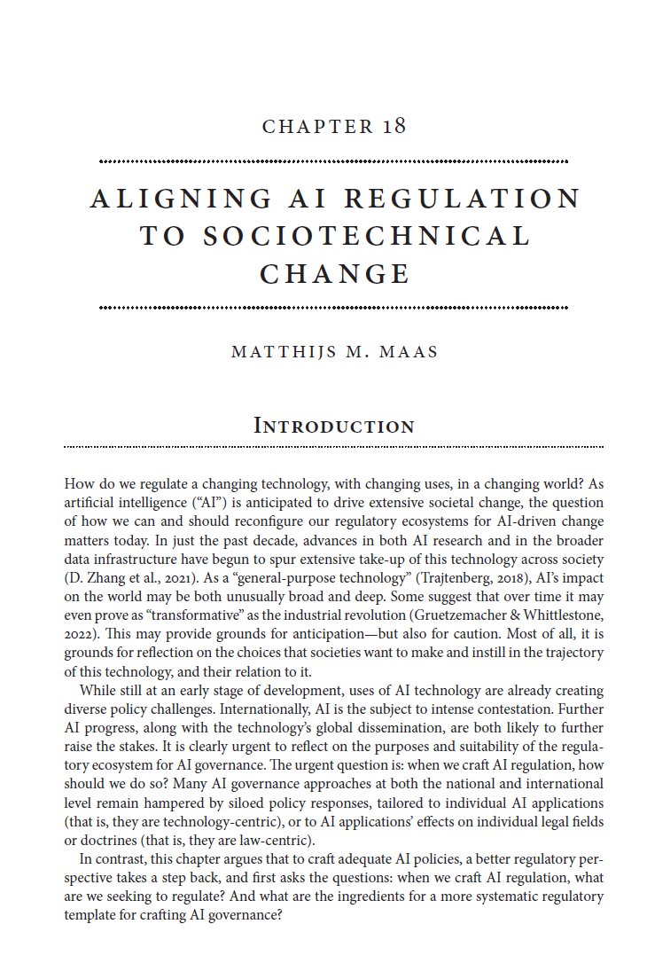 1/ I've had preprints up for a while, but I'm excited that the final version of my Oxford Handbook of AI Governance chapter on 'Aligning AI Regulation to Sociotechnical Change' is now online (and soon in print)! 
academic.oup.com/edited-volume/…
