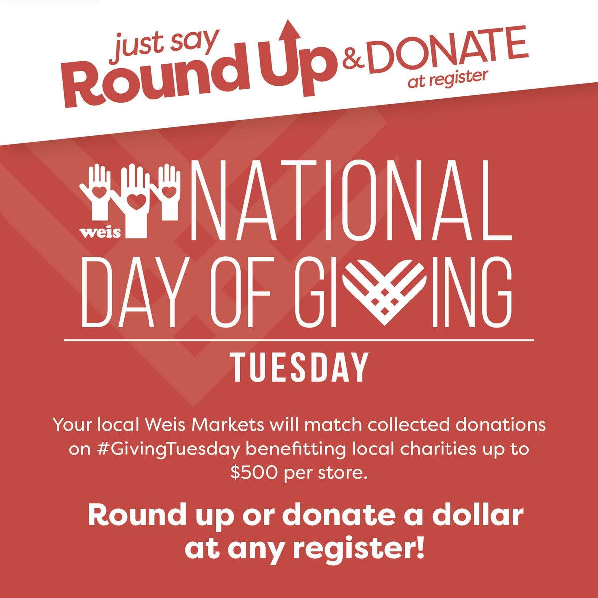 Today is National Day of Giving, and we would like to help give back to the communities that we serve! All Weis Markets locations will match collected donations on #GivingTuesday to benefit local charities up to $500 per store. Visit your local store for details.