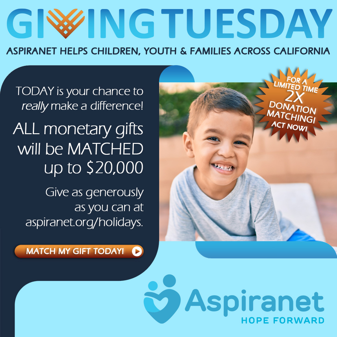 This Giving Tuesday, give foster kids a brighter future. Your love and support mean the world to them. Join us in making a difference today!
aspiranet.org/holidays