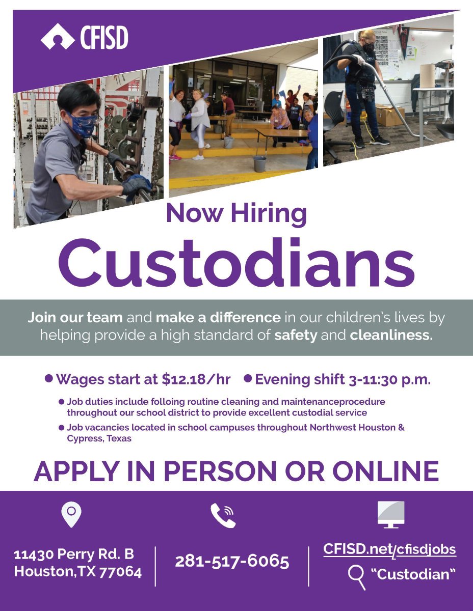 Our <a href="/cfisdops/">CFISD Operations</a> team is hiring custodians -- join a department that's helping bring out the best in 95 campuses &amp; support facilities! cfisd.tedk12.com/hire/ViewJob.a… #CFISDspirit