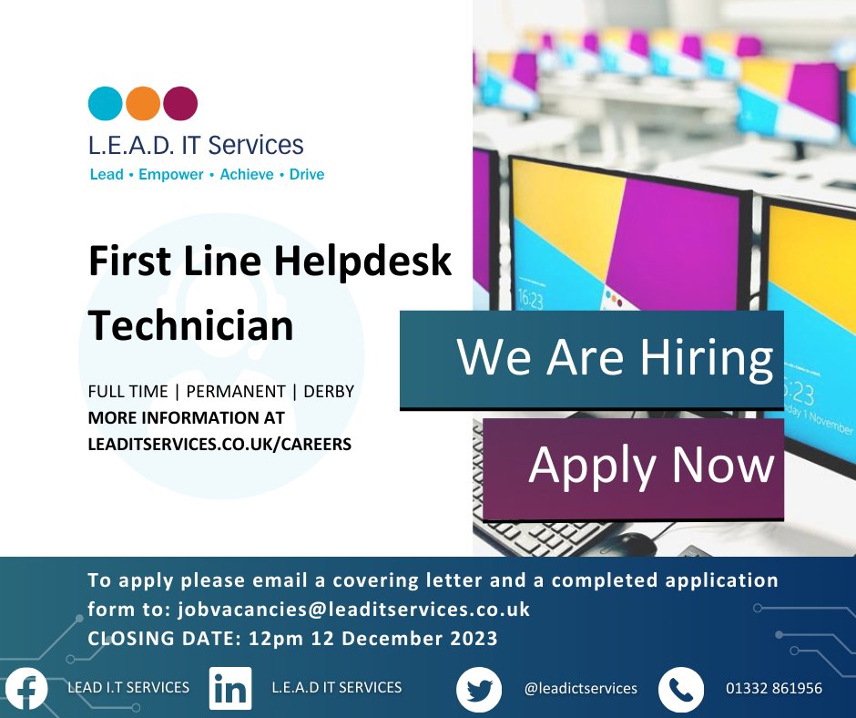 ⭐ WE'RE HIRING ⭐ We're seeking a permanent First Line Helpdesk Technician to join our lovely team. Hours of work are Mon to Thurs 8.30am-4.30pm & Fri 8.30am-4pm Closing date: Midday, 12th December 2023 For details and application: leaditservices.co.uk/first-line-hel… #job #derby #edtech