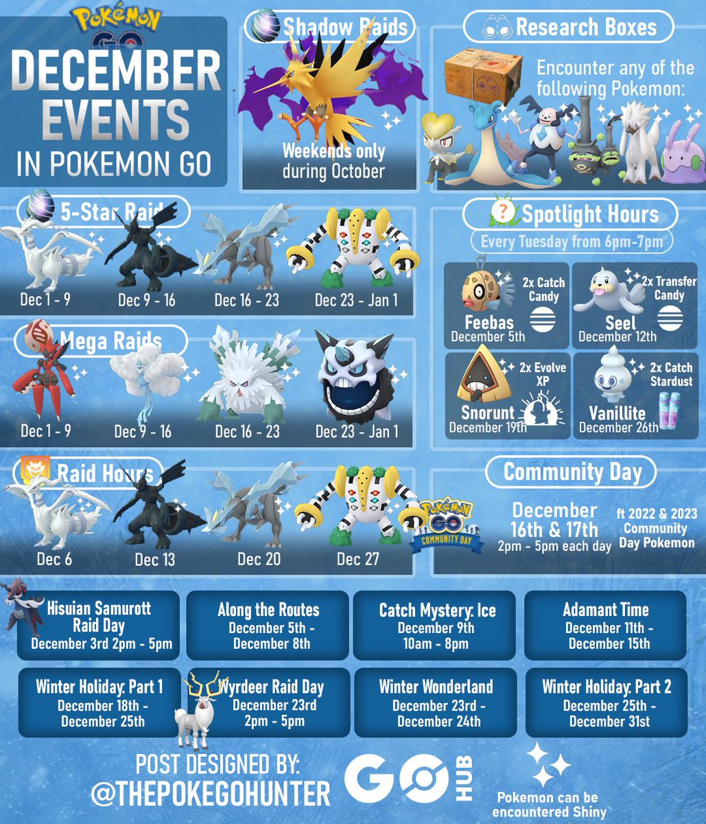 thepokegohunter's tweet photo. New info dropped! December events, Hisuian Samurott Raid Day and Season of Timeless Travels in #PokemonGO! 🕐🔥👀 https://t.co/aSiYoPzY2d