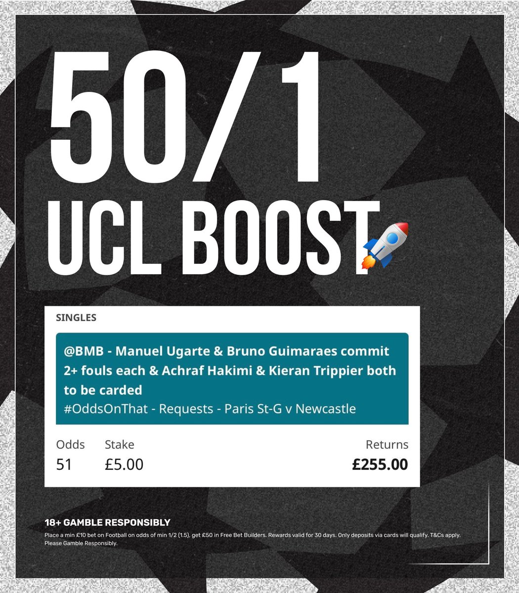 🚀 50/1 CHAMPIONS LEAGUE BOOST! 

Beauty, isn’t it? 

📌 LOAD IT: bit.ly/Boost-PSGvNEW

You’ll need a Betfair account to place this. 

🎁 Sign up, stake a tenner on it &amp; you’ll get £50 in free bets. 

Claim offer 👉 bit.ly/BB-G50-BF

18+, Gamble Responsibly, Ad.