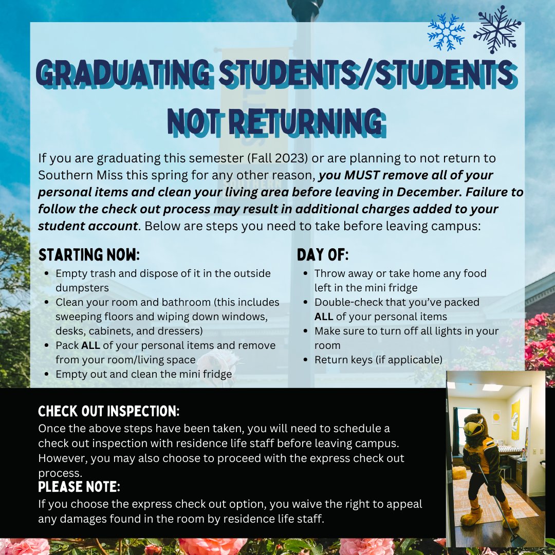 ResLifeUSM's tweet photo. Attention Southern Miss Students! Winter break is just around the corner. Please review the information in these graphics so you're prepared for when December 9th comes! If you have questions, you can email us at reslife@usm.edu.

#SMTTT #winterbreak https://t.co/wpiFHc1fza