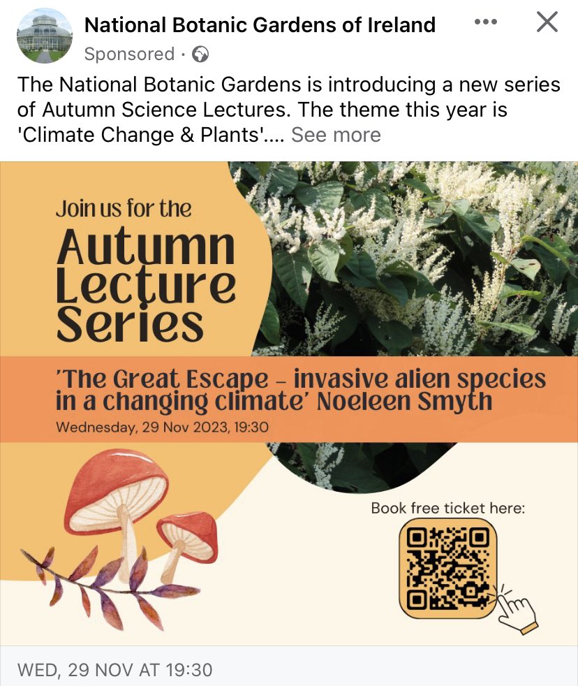 @ucdhort will be presenting to the Autumn Lecture Series with a talk on invasive plant species at the National Botanic Gardens tomorrow evening Wednesday 29th November with @noeleenbotanics