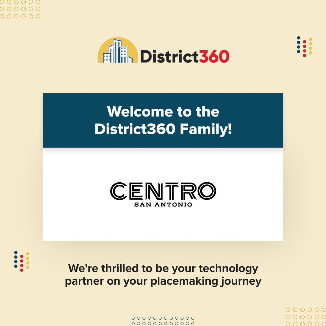 Thank you <a href="/centrosa/">Centro San Antonio</a> for choosing District360, the premier #CRM for #downtown districts.  

We are thrilled to join your mission to create a beautiful, playful, welcoming, and thriving downtown.  

Welcome to the District360 family!  #Placemaking #District360 #SanAntonio