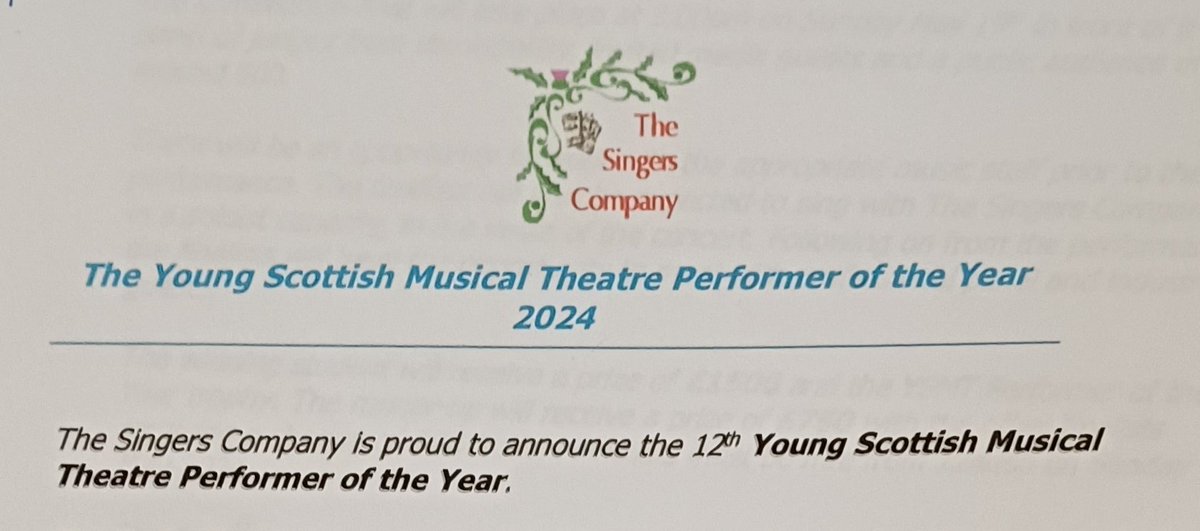 Exciting news. On behalf of The Young Scottish Musical Theatre Performer of the Year we're delighted to announce increased sponsorship. Winner will receive £1500,runner up £700, other finalists £250 Applications accepted from Jan 6th. Info singerscompany.org.uk @GrahamDickie59