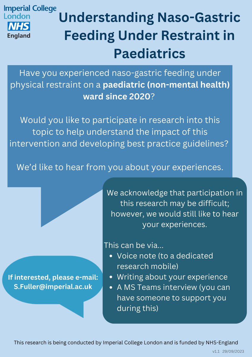 We are still seeking to interview young people with lived experience of NGT feeding under restraint in paediatric wards (not mental health inpatient wards). Please share this flyer with anyone who would be interested. @RCPCHtweets @rcpsych @BDA_CAMHS @Dietitians_MHG