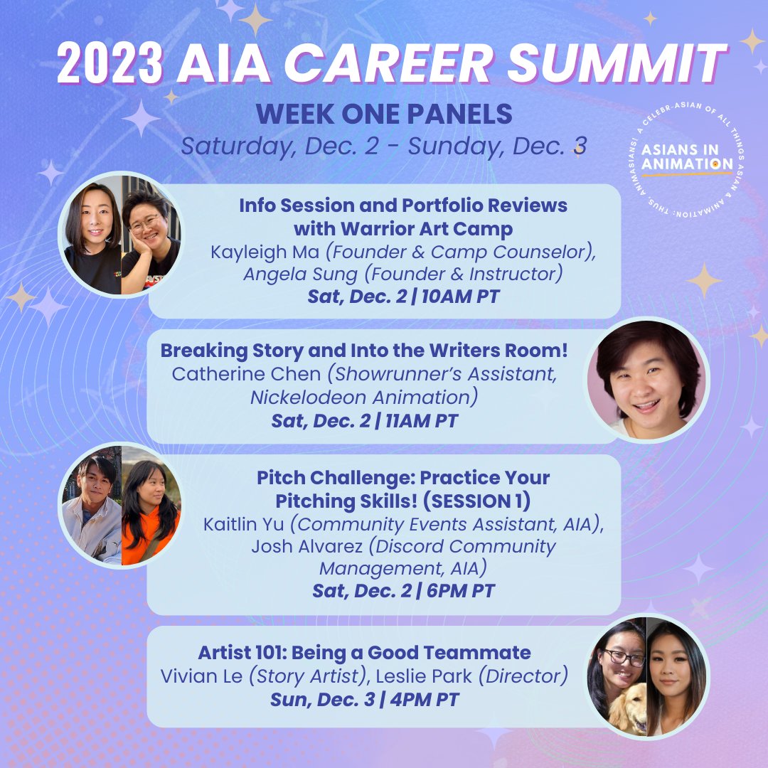 AnimAsians's tweet photo. Mark your calendars because we have an exciting weekend of AIA events! ✨
Join us virtually from Dec 2nd to 3rd to get portfolio reviews, hands-on pitching practice, and more! All are welcome to join.
#asiansinanimation #animasians #animation #AIAcommunity #AIA https://t.co/wvCGcGi7Wz
