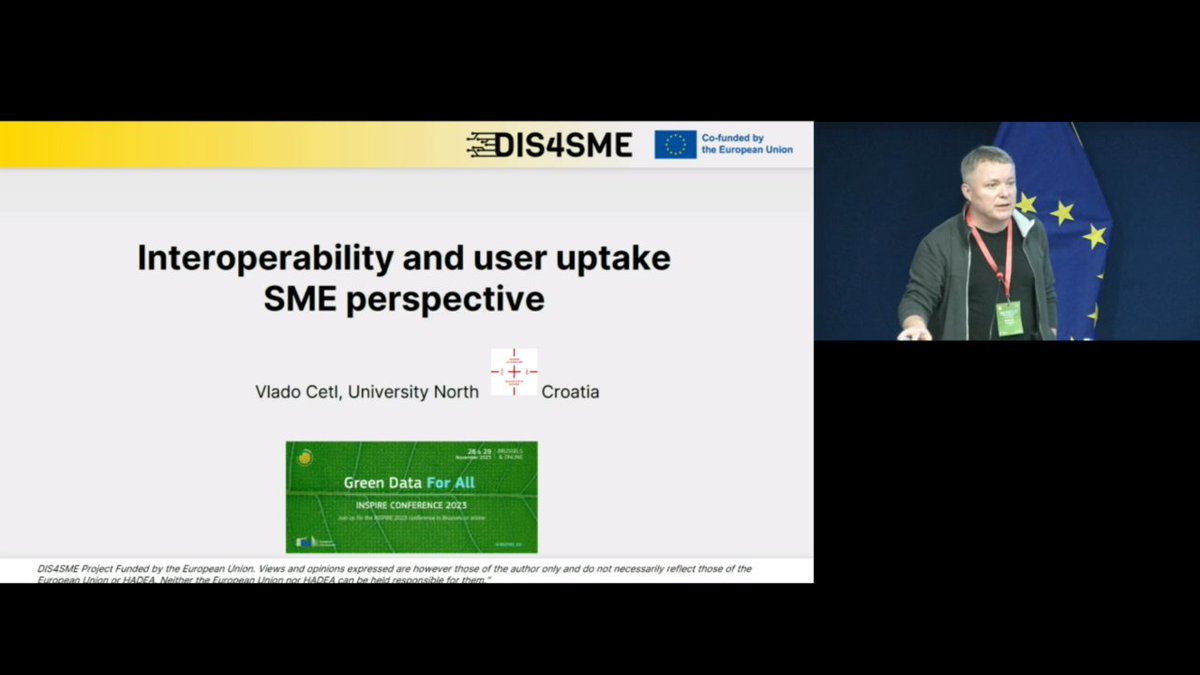 How to exploit the common European #DataSpaces to build #DigitalSkills in SMEs and enhance business?
DIS4SME approach to develop training courses on location data interoperability is presented by @CetlVlado at  #INSPIRE23 🍍 #GreenDataforAll #EuropeanYearOfSkills #DigitalEurope