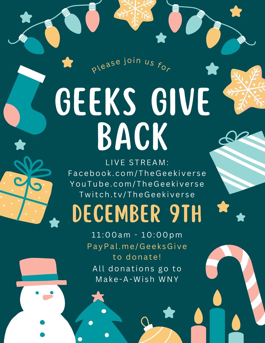 Our 4th annual Geeks Give Back charity stream is almost upon us! We can't wait to hangout all day, play some video games, chat with you all, and raise money for Make-A-Wish WNY!

See you all on December 19th 🎄❤️