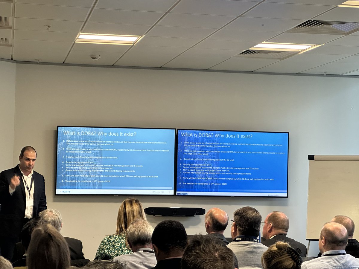 Our second presentation: What is DORA? By Anton from @Mazars_UK 
- New requirements for financial entities, so they can demonstrate operational resilience by Jan 2025.