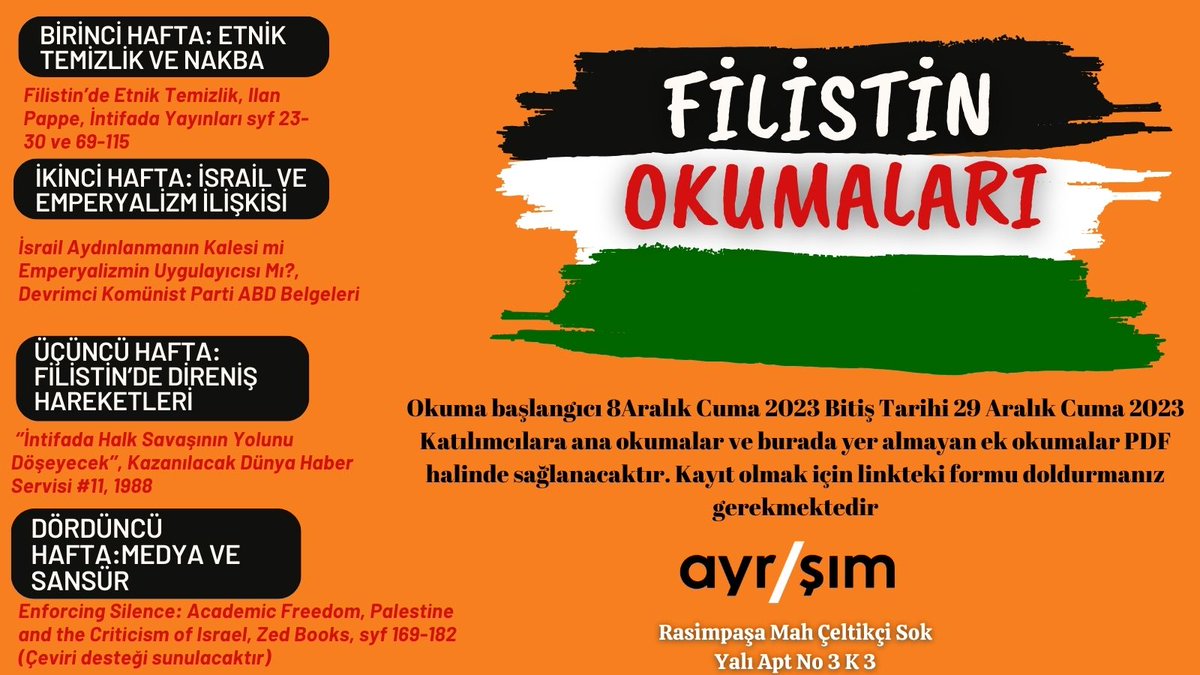 Filistin Okumalarına 8 Aralık Cuma günü 19.00'da başlıyoruz.

Katılım için lütfen formu doldurun👇

forms.gle/CywXCDU6MLf9CZ…