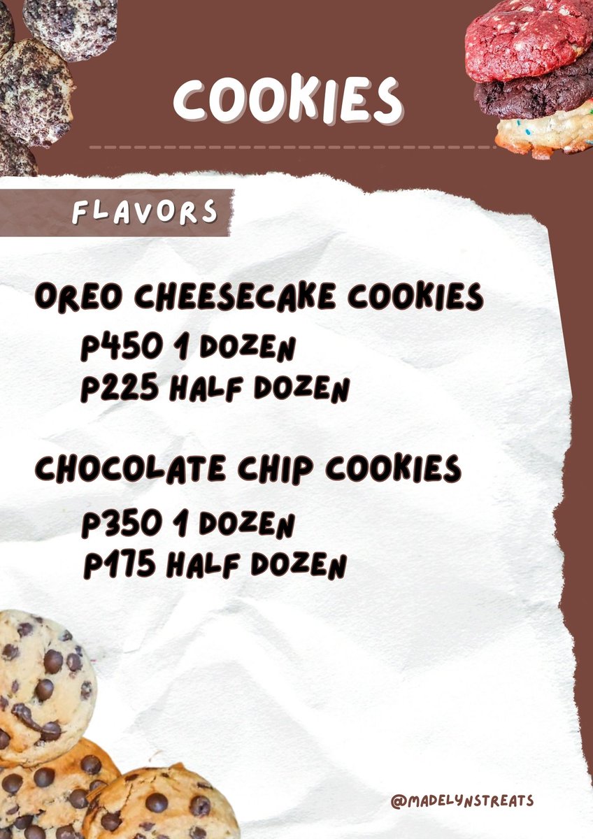 Help a broke girlie out 🥹 wts lfb chewy oreo cheesecake cookies and chocolate chip cookies 🍪 Promise solid yung lasa you can check our IG hehe Dm me or @/madelynstreats sa IG ✨️ Please help RT, big help na yon 🫶 (Order na kayo para sa fate tour ph ticket ko to huhu)