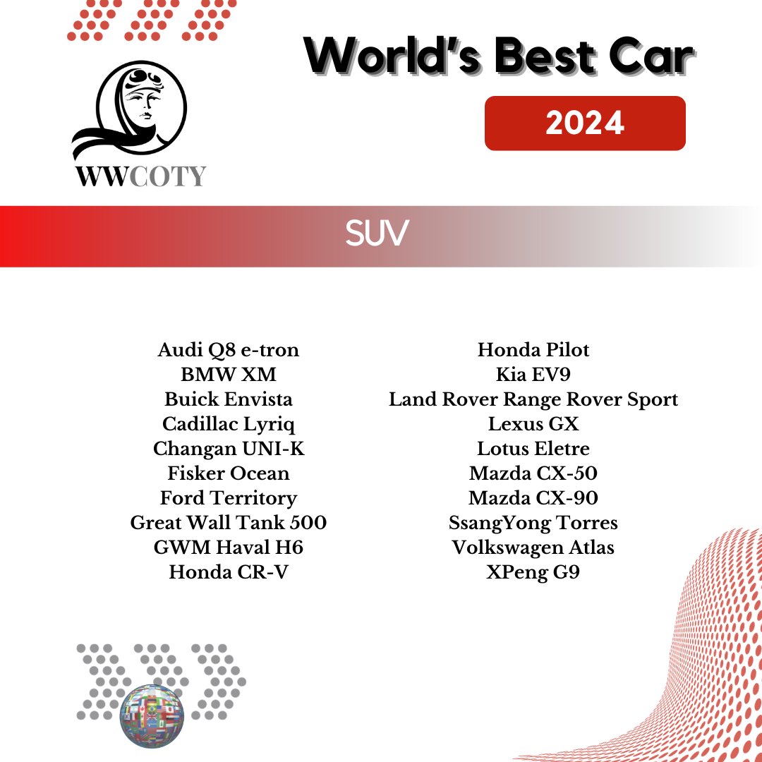 𝗠𝗲𝗲𝘁 𝘁𝗵𝗲 𝟮𝟬𝟮𝟰 𝗦𝗨𝗩 𝗰𝗮𝗻𝗱𝗶𝗱𝗮𝘁𝗲𝘀

#WWCOTY #WWCOTY2024 #SUV #BestCars #Vote #Award #Audi #BMW #Buick #Cadillac #Changan #Fisker #Ford #GreatWall #GWM #Honda #KIA #LandRover #Lexus #Lotus #Mazda #SsangYong #Volkswagen #Xpeng