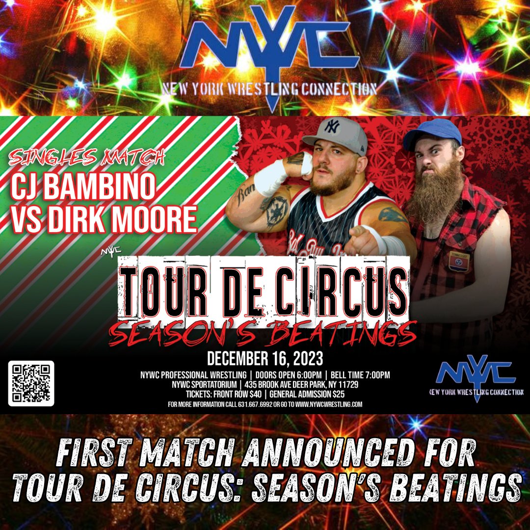 NYWC (@nywcwrestling) on Twitter photo After their confrontation at Draw the Line <a href="/CJ_Bambino/">CJ Bambino</a> and Dirk Moore will now face off at Tour de Circus: Season's Beatings!
#prowrestling #indywrestling #wwe #WWERawโฏโฏ#CMPunk #RandyOrton #nxt #aew #tna #mlw #nwa After their confrontation at Draw the Line <a href="/CJ_Bambino/">CJ Bambino</a> and Dirk Moore will now face off at Tour de Circus: Season's Beatings!
#prowrestling #indywrestling #wwe #WWERawโฏโฏ#CMPunk #RandyOrton #nxt #aew #tna #mlw #nwa