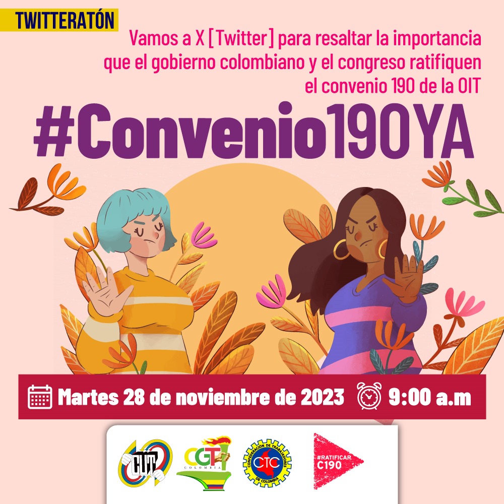 MARYMESTRE's tweet photo. #Convenio190YA Para que las mujeres puedan trabajar libres y seguras, sin acoso ni violencia laboral, con igualdad de oportunidades, independencia económica y acceso a la protección social. @GloriaRamirezRi @cutcolombia @ctccolombia @OITAmericas @ONUMujeresCol @MintrabajoCol https://t.co/N4l7zFSXPS