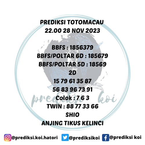 prediksikoi's tweet photo. PREDIKSI TTM 22:00
28 NOV 2023

⚠️Tetap UPS⚠️
NO MAHAR | NO BERBAGI | 100%GRATIS.
info pasaran lain chat aja. GRATIS.

#prediksimacau #angkatogel #togelmacau  #angkamaintogel #kepritogel #togeljitu #togelonline #togelslot #togelterpercaya #togelaman #angkajp https://t.co/zGMuXJV07q