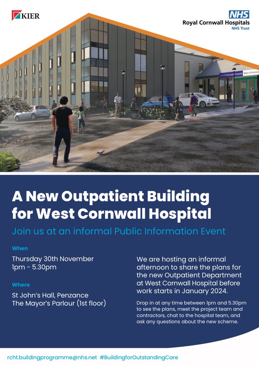 Paul Sylvester-Clay ππ³οΈβπ (@jpclaysylvester) on Twitter photo Exciting developments are set to take place in early 2024 at West Cornwall Hospital so come along on the 30th November for an informal information event to find out more. <a href="/RCHTWeCare/">Royal Cornwall Hospitals NHS Trust</a> @RCHTPtExp <a href="/BuildingRcht/">RCHT BUILDING PROGRAMME</a> <a href="/WOutpatients/">WCH Outpatients</a> <a href="/BBCCornwall/">BBC Cornwall</a> <a href="/Skentelbery/">Julie Skentelbery</a> Exciting developments are set to take place in early 2024 at West Cornwall Hospital so come along on the 30th November for an informal information event to find out more. <a href="/RCHTWeCare/">Royal Cornwall Hospitals NHS Trust</a> @RCHTPtExp <a href="/BuildingRcht/">RCHT BUILDING PROGRAMME</a> <a href="/WOutpatients/">WCH Outpatients</a> <a href="/BBCCornwall/">BBC Cornwall</a> <a href="/Skentelbery/">Julie Skentelbery</a>