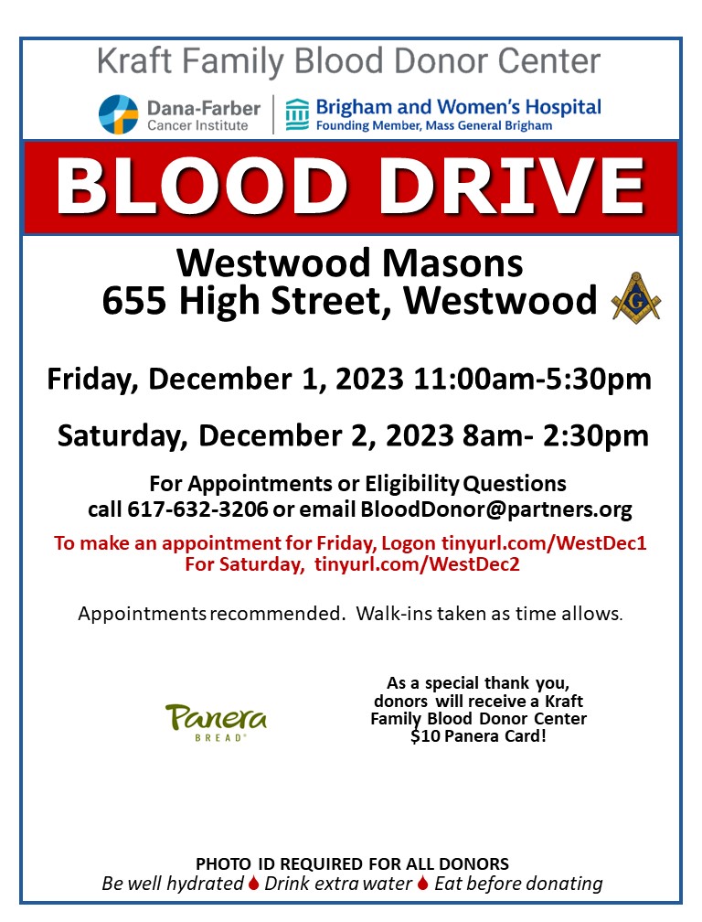 Kraft Family Blood Donor Center
<a href="/KraftBloodDonor/">Kraft Family Blood Donor Center</a>

The Kraft Center #BloodMobile will be traveling to #WestwoodMasons, Friday, December 1, &amp; Saturday, December 2, 2023  Stop by this fantastic blood drive and #BeAHero for our patients at  Dana-Farber and Brigham Women's #donate