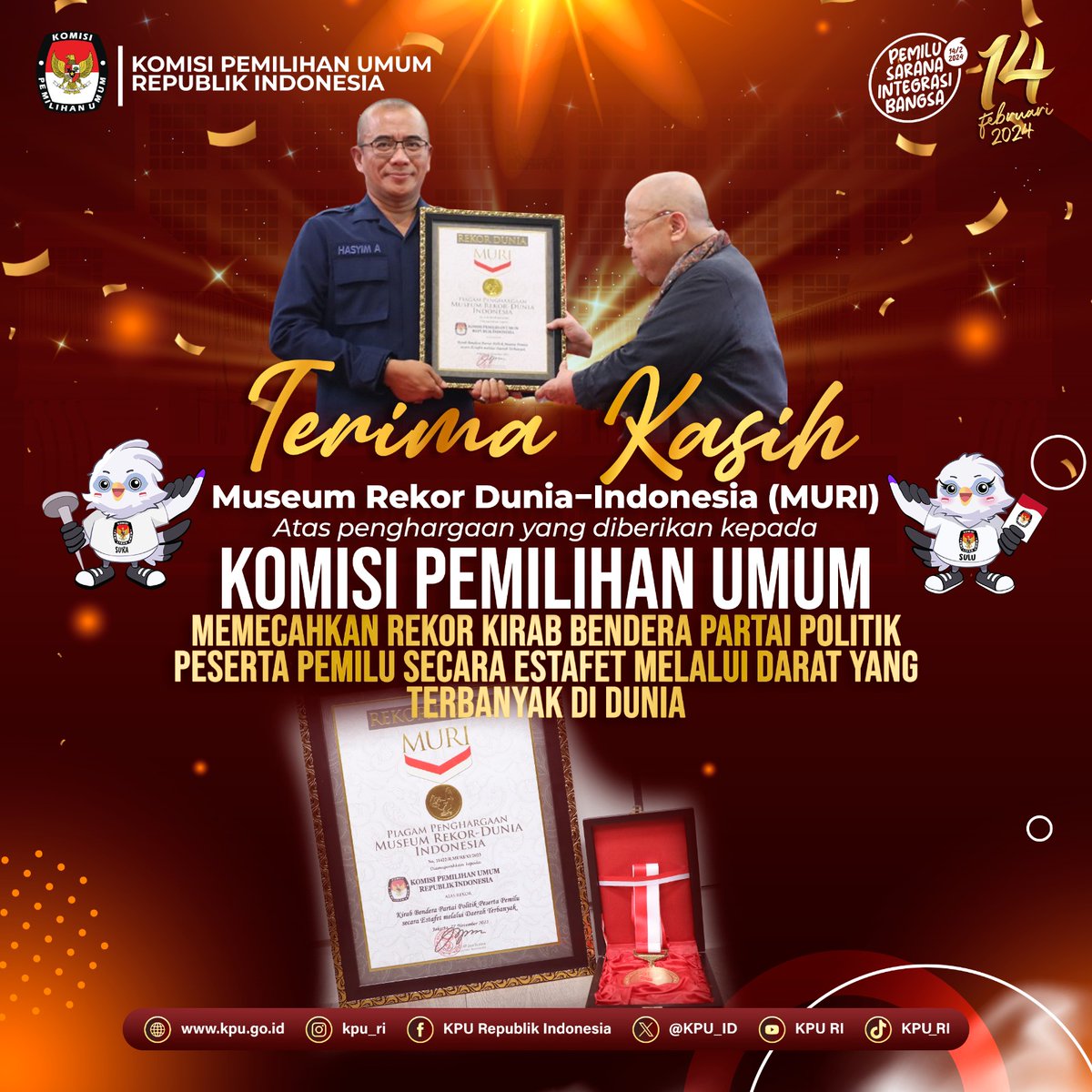 KPU_ID's tweet image. #TemanPemilih, kamu perlu tau KPU meraih rekor MURI atas Rekor Kirab Bendera Partai Polittik Peserta Pemilu Secara Estafet Melalui Darat Yang Terbanyak Di Dunia

#KPUMelayani
#PemiluSerentak2024