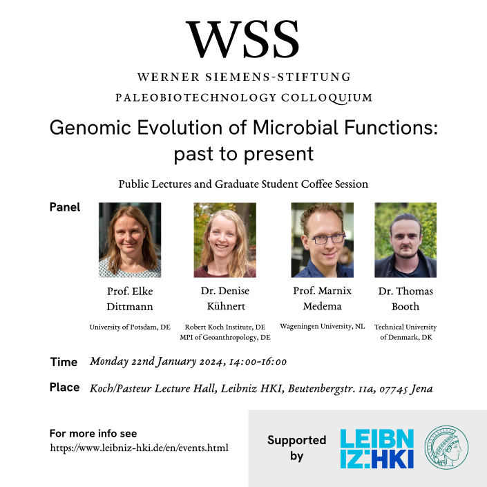 📢✏️🗒️ Save the date! @WSS_Stiftung #paleobiotechnology symposium 'Genomic Evolution of Microbial Functions: Past to present' takes place on 22 January 2024 @LeibnizHKI in Jena. @WarinnerGroup #phylogenomics #ancientDNA #pathogens #epidemiology More: leibniz-hki.de/en/event/genom…