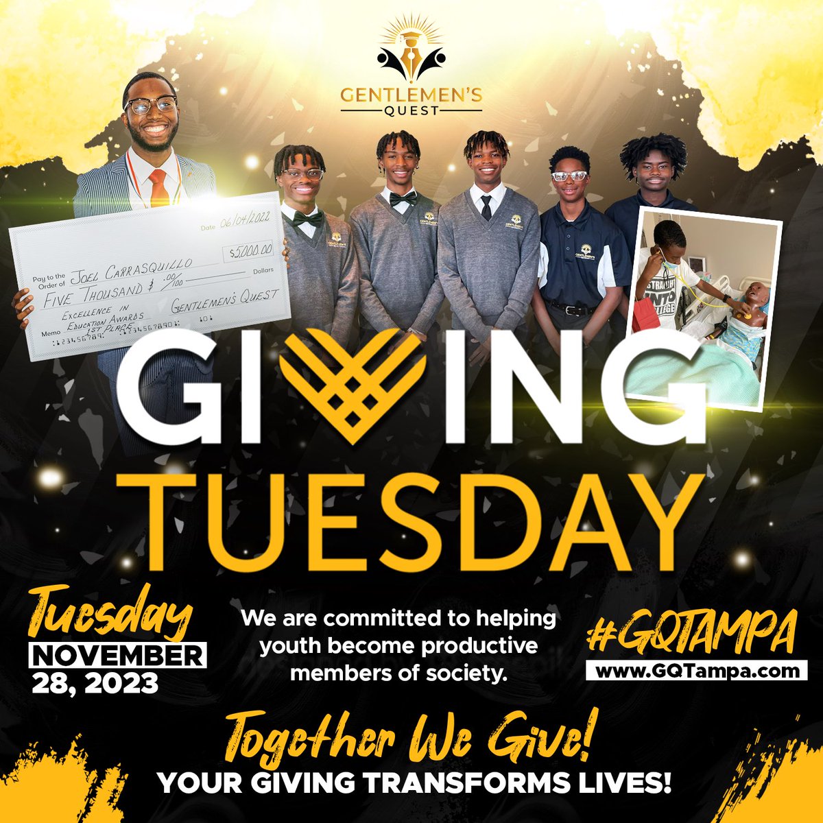 🌟 Join us on the National Day of Giving and make a difference in the lives of young men at #GQTampa! Your support empowers dreams & builds futures. Visit GQTampa.com to make a donation today. Every contribution counts! 🤝💙 #NationalDayofGiving #EmpowerYouth #Mentors