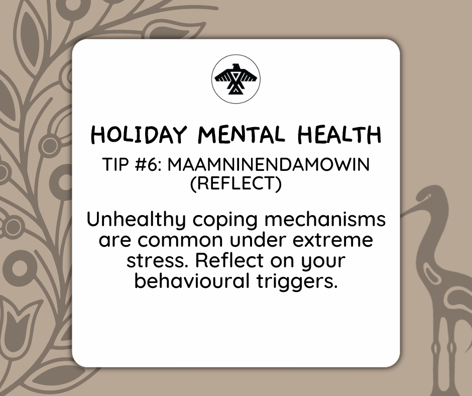AnishNation's tweet photo. The holiday season can be busy and stressful, we have some mental health tips to help navigate through the season.

Holiday Mental Health Tip #6: Maamninendamowin (Reflect) https://t.co/OccpUjkrs2