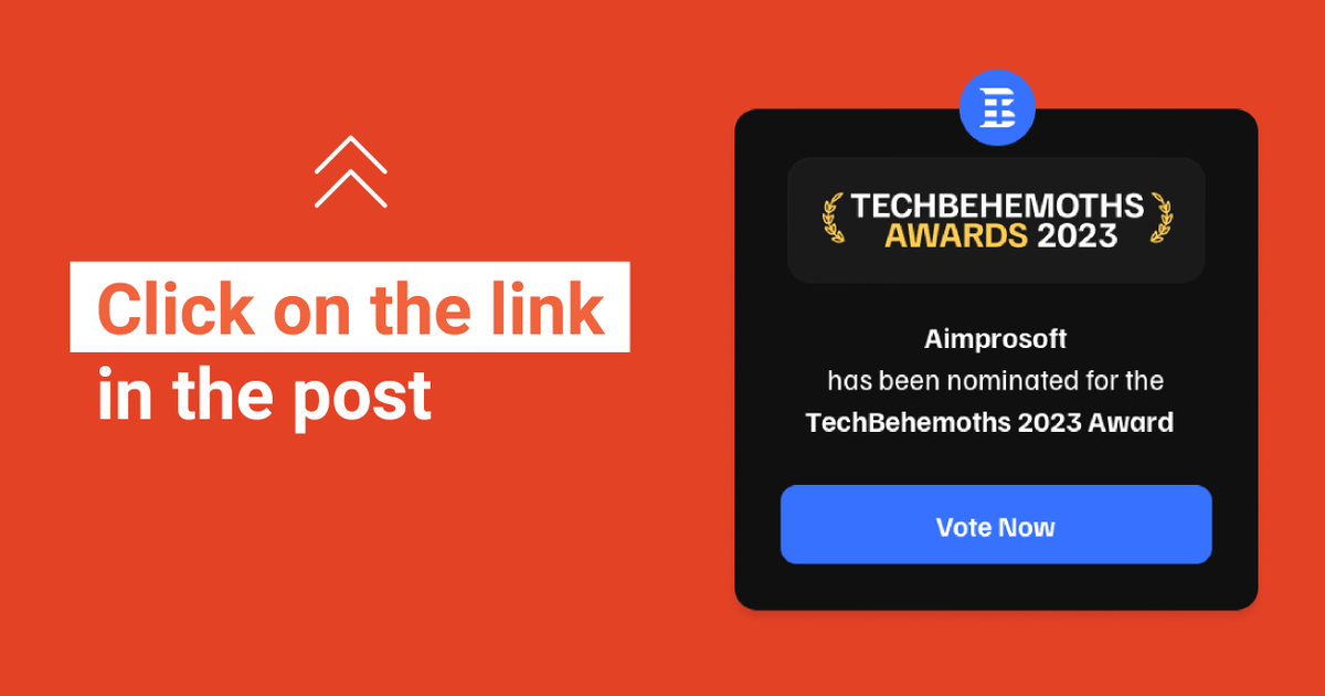 Aimprosoft's tweet photo. Great news📣 #Aimprosoft nominated for @TechBehemoths 2023 Awards in #ReactJS Category.
Now, we need your help to secure this prestigious award.
Please cast your validated vote for us on this page
👉 https://t.co/4H1ecn5Vy2
Your support means the world to us! https://t.co/fEk73m07o8