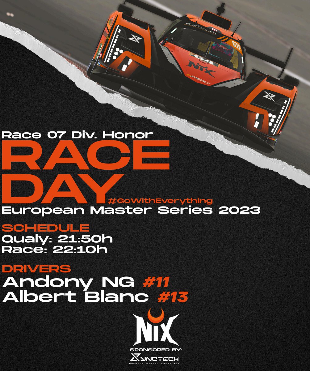 nixesports_es's tweet image. 𝗥𝗔𝗖𝗘 𝗗𝗔𝗔𝗔𝗔𝗬🏁🏁🏁

Hoy nos vamos hasta Spa con el Cadillac GTP en la penúltima cita de la @EMS_iRacing🇧🇪

Contaremos como pilotos en la carrera de hoy⬇️👀

🟠#11 @elevenloco 
🟠#13 @albertblanc_ 

#GoWithEverything🧡🖤
