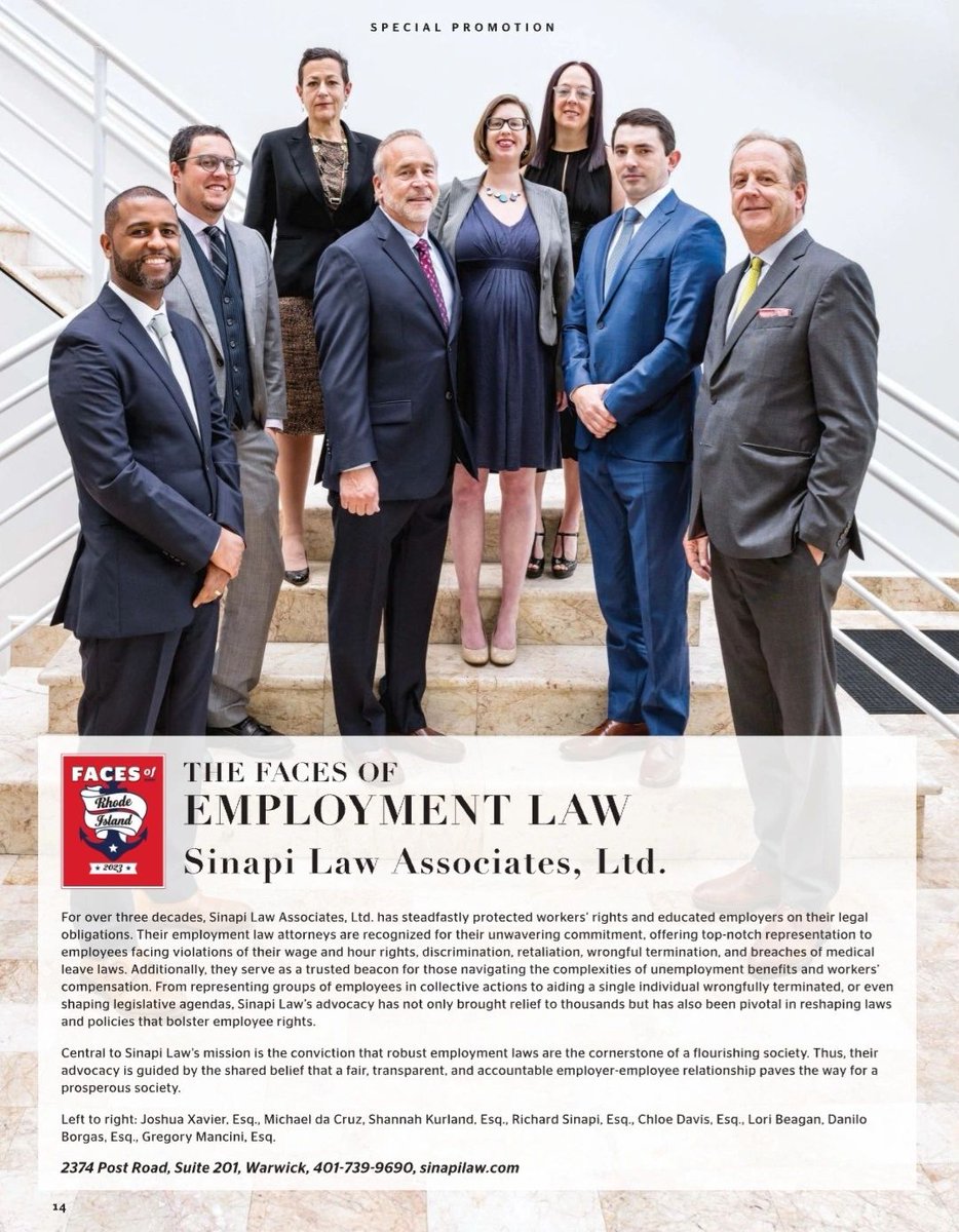 SinapiLaw's tweet photo. Sinapi Law's employment law team was once again featured in RI Monthly Magazine's 2023 Faces of Rhode Island Edition. 

"For over three decades, Sinapi Law Associates, Ltd. has steadfastly protected worker rights and educated employers on their legal obligations." https://t.co/fBHHtrxmMJ