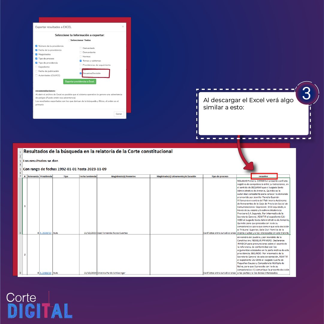 CConstitucional's tweet image. #CorteDigital | Ahora en nuestro buscador de Relatoría podrá descargar la parte resolutiva de las sentencias en un archivo Excel.
▶️ Conócelo: corteconstitucional.gov.co/relatoria/