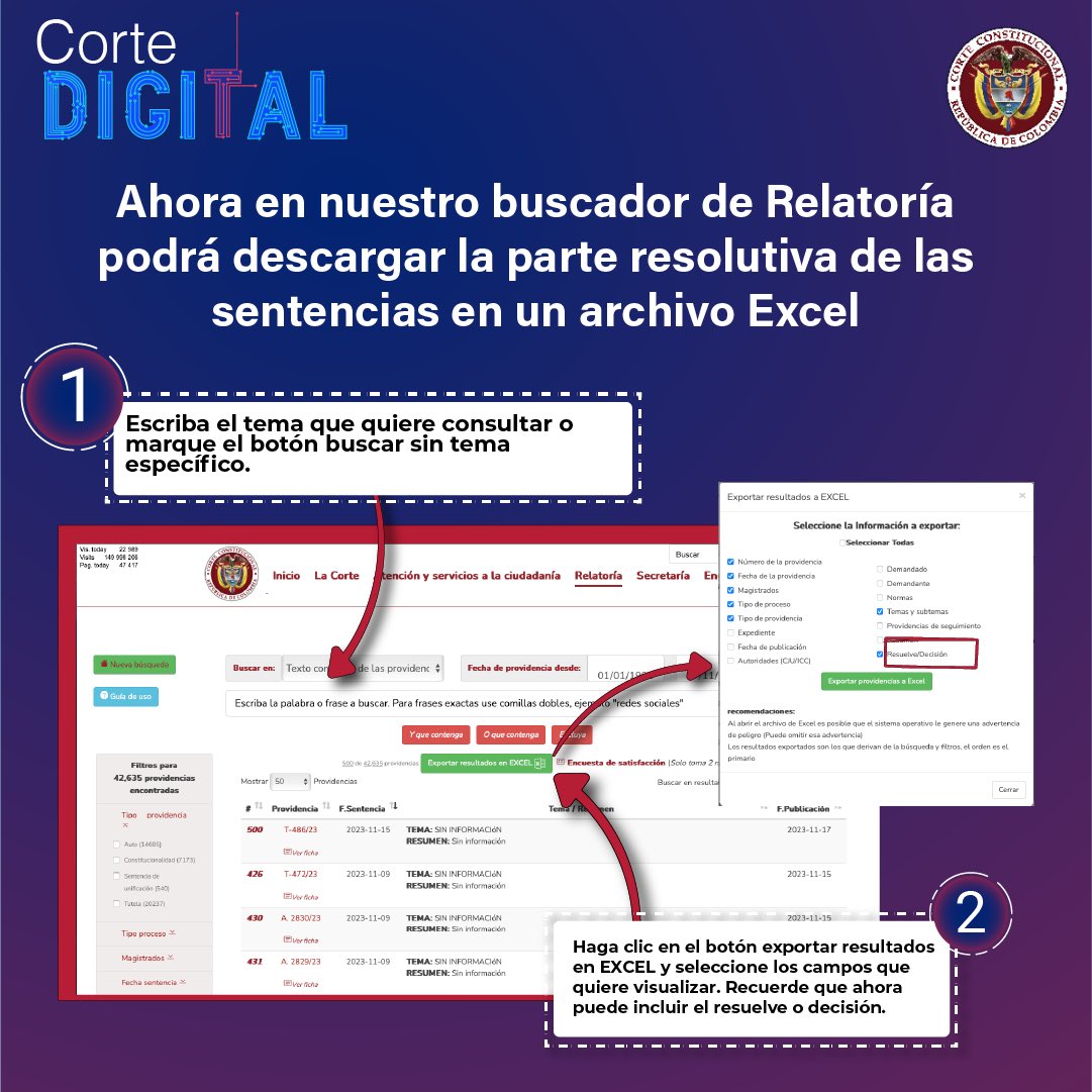CConstitucional's tweet image. #CorteDigital | Ahora en nuestro buscador de Relatoría podrá descargar la parte resolutiva de las sentencias en un archivo Excel.
▶️ Conócelo: corteconstitucional.gov.co/relatoria/