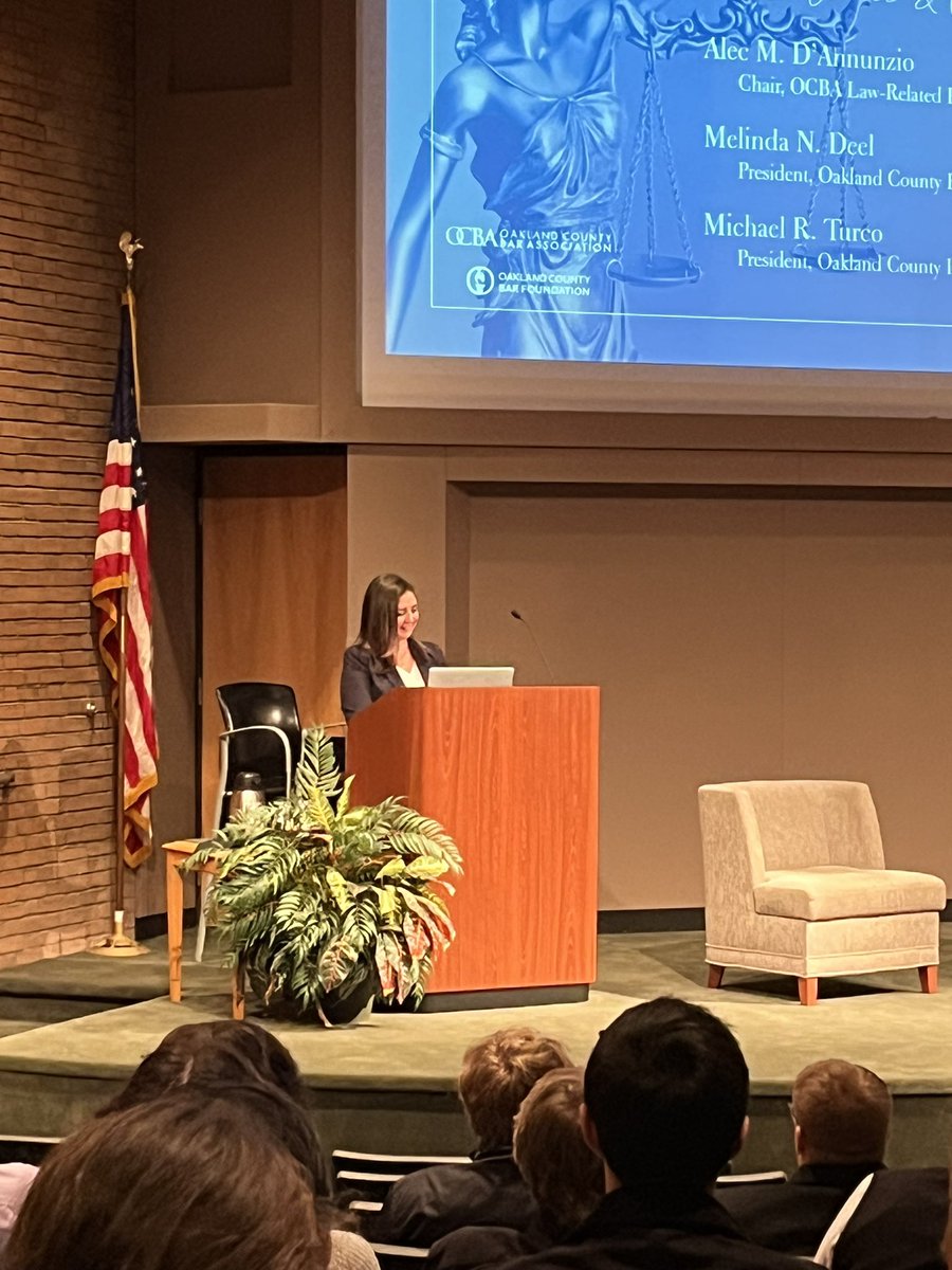 This morning, Melinda gave the opening remarks at the <a href="/OakBar/">Oakland County Bar</a> Youth law Conference with keynote speaker <a href="/MISupremeCourt/">MI Supreme Court</a> Justice <a href="/KyraHBolden/">Kyra Harris Bolden</a>.  There were over 175 high school students in attendance from all over Oakland County introduced to careers in the law!
