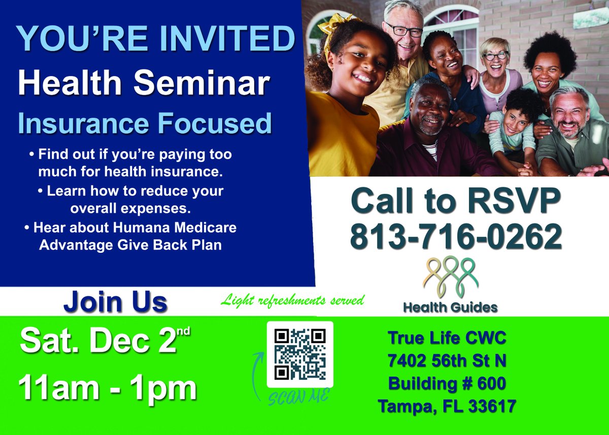 HealthGuides1's tweet photo. If you're in the Tampa Bay area and would like to attend one of our Seminars, Join us Saturday December 2nd, 11am True Life CWC, 7402 N 56th St, Tampa, FL 33617,
Building 600. 
Call to RSVP (813) 716-0262 or email us at thehealthguides@gmail.com https://t.co/kmoWc1ct5p