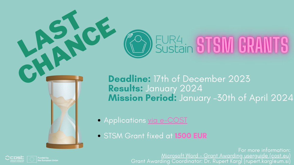 Fur4Sustain's tweet photo. 📢Hello everyone!
This will be the last chance ever to apply for a FUR4Sustain STSM grant.
We will be awarding 4 grantees with grants of €1500. 👩‍🔬👨‍🔬Don't miss this ultimate opportunity!
@COSTprogramme https://t.co/mIhii4703L