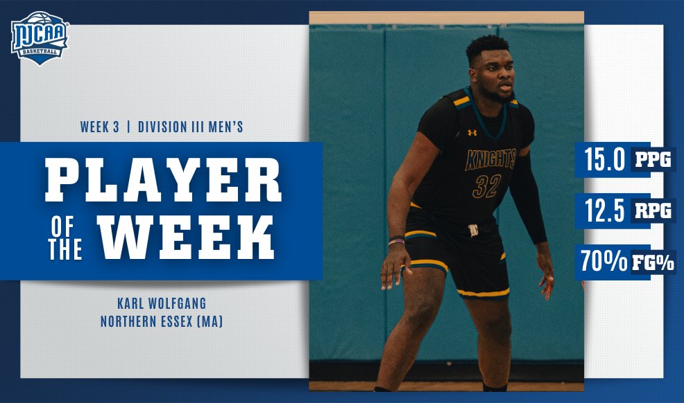 NJCAA Basketball (@njcaabasketball) on Twitter photo ⚔️ Karl Wolfgang of <a href="/NECCKNIGHTS/">NECC Athletics</a> is the #NJCAABasketball DIII Men's Player of the Week!
Wolfgang averaged a double-double at the NECC Turkey Classic, while shooting 70% from the field.
#NJCAAPOTW ⚔️ Karl Wolfgang of <a href="/NECCKNIGHTS/">NECC Athletics</a> is the #NJCAABasketball DIII Men's Player of the Week!
Wolfgang averaged a double-double at the NECC Turkey Classic, while shooting 70% from the field.
#NJCAAPOTW