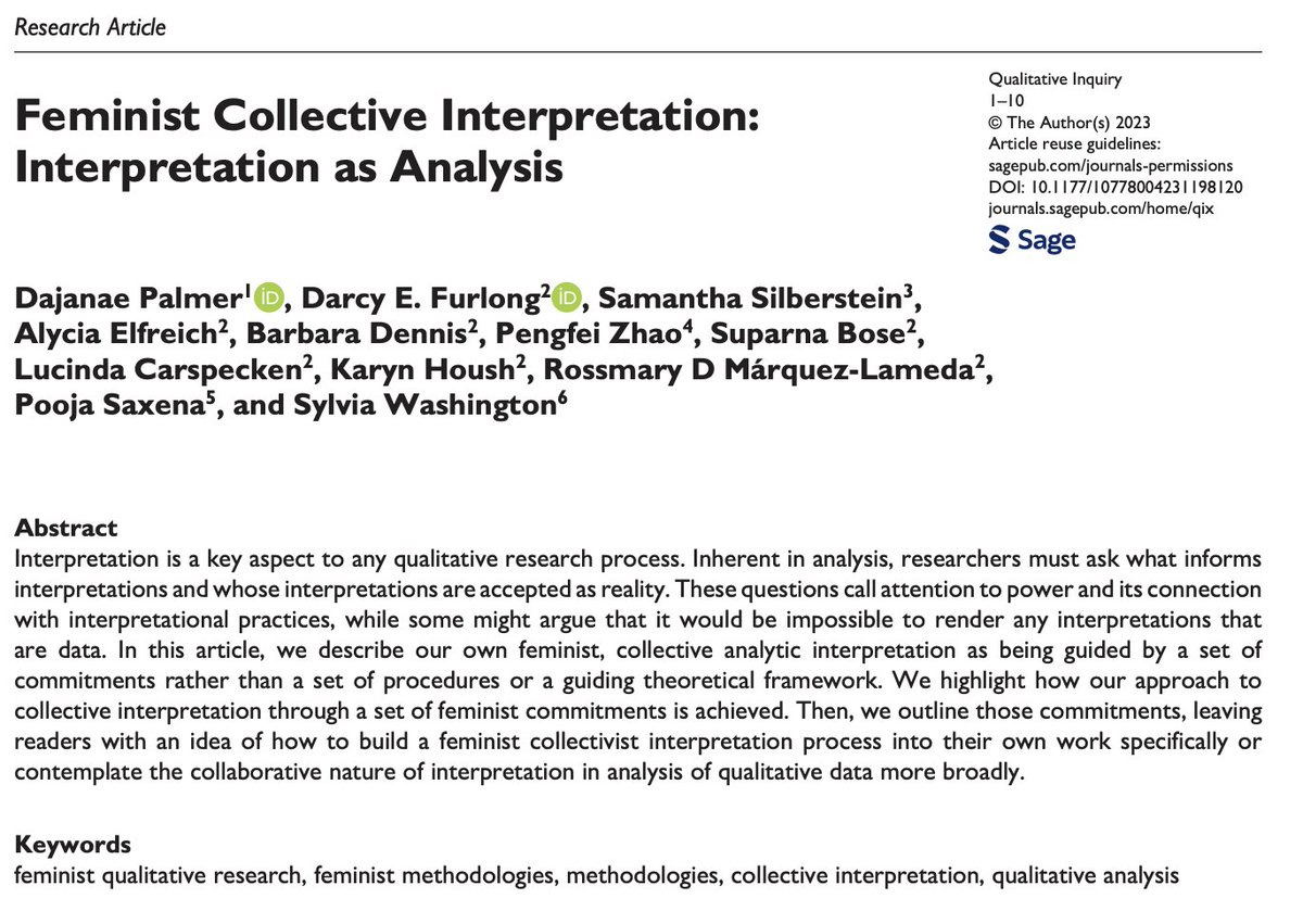‼️New Article Alert‼️ Very happy to share a new a pub with my feminist research collective collaborators! We emphasize the link between power and interpretational practices, and guide readers through our feminist collective interpretation process. doi.org/10.1177/107780…