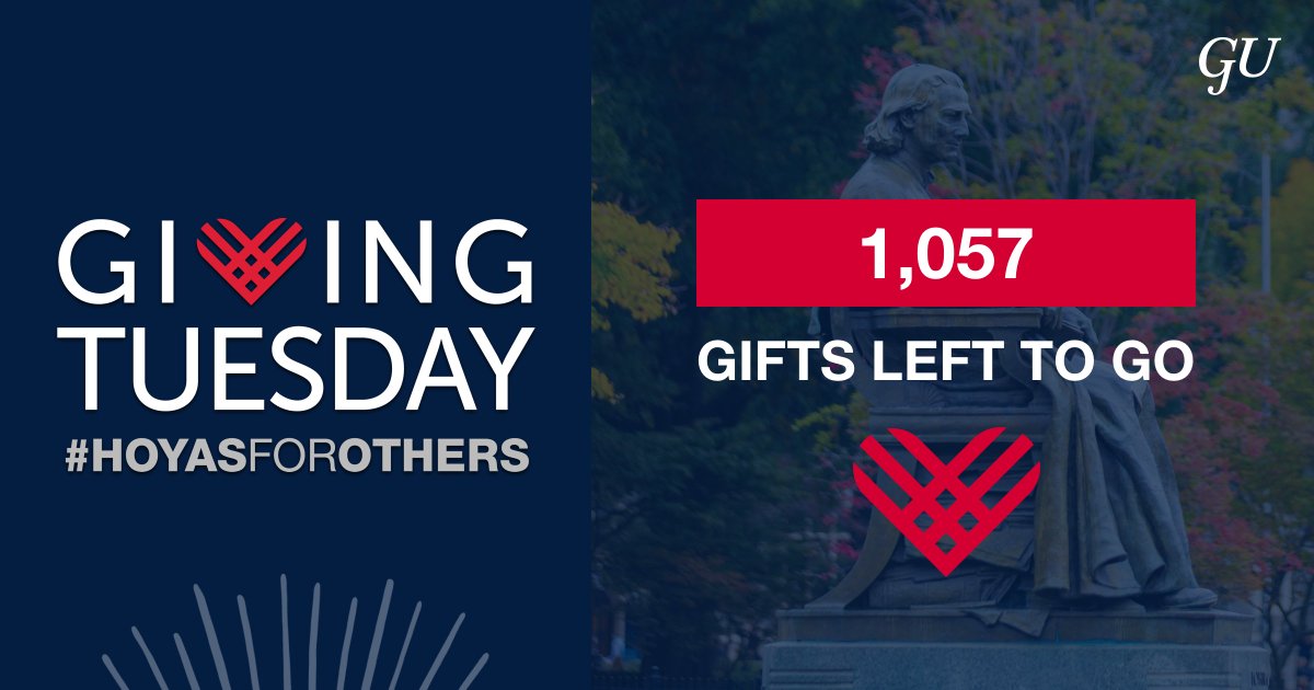 So many donors are coming together to make a difference for @Georgetown today, but we still need 1,057 gifts to reach our 1,789-gift goal! Have you made your #GivingTuesday gift yet? Join #HoyasForOthers and give back before midnight tonight: g.town/40oHQMe