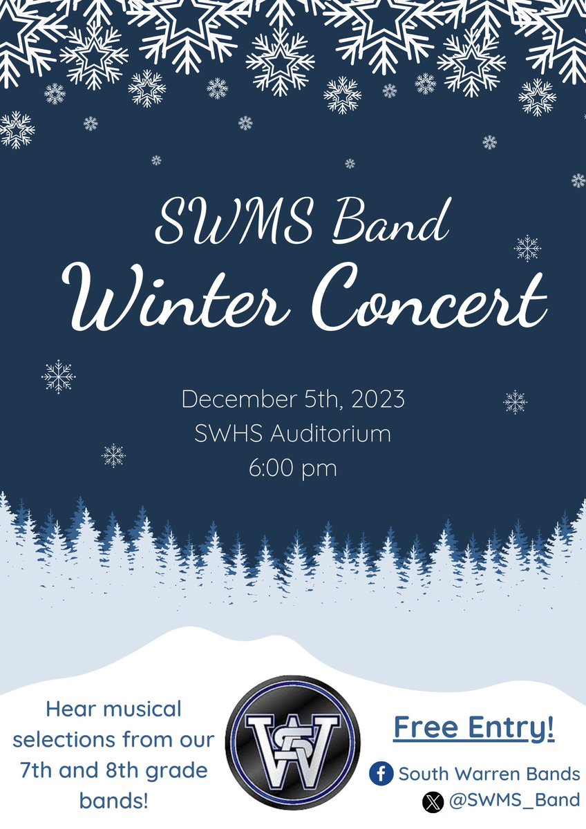 SWMS_Band's tweet image. Please mark your calendars for the SWMS Band’s first concert of the year, ONE WEEK FROM TODAY! Our students have been working extremely hard all semester on the music, and they are excited to share it with you next Tuesday, December 5th at 6:00pm. Free admission for all!