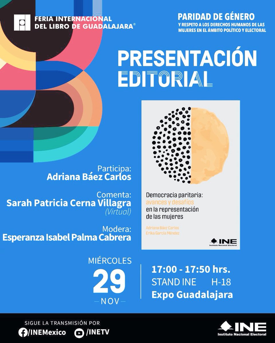 Mañana a las 17 hs de Mx en la <a href="/FILGuadalajara/">FIL Guadalajara</a> presentamos el libro de la autoría de Adriana Báez y Erika García de la <a href="/UNAM_MX/">UNAM</a> perteneciente a la Serie #Paridad y #DDHH de las #Mujeres editado por el <a href="/INEMexico/">@INEMexico</a> y bajo mi coordinación académica #CienciaPolítica #EstudiosDeGénero