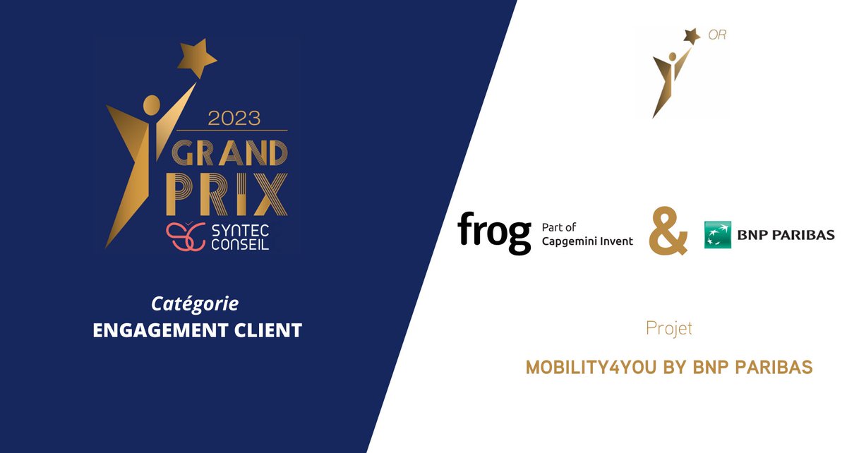 [LIVE] #GrandPrixSyntecConseil | Catégorie « Engagement client » : @BNPParibas et Frog, part of @Capgemini Invent remportent le prix Or 👏 Avec @EventPrache et @Challenges