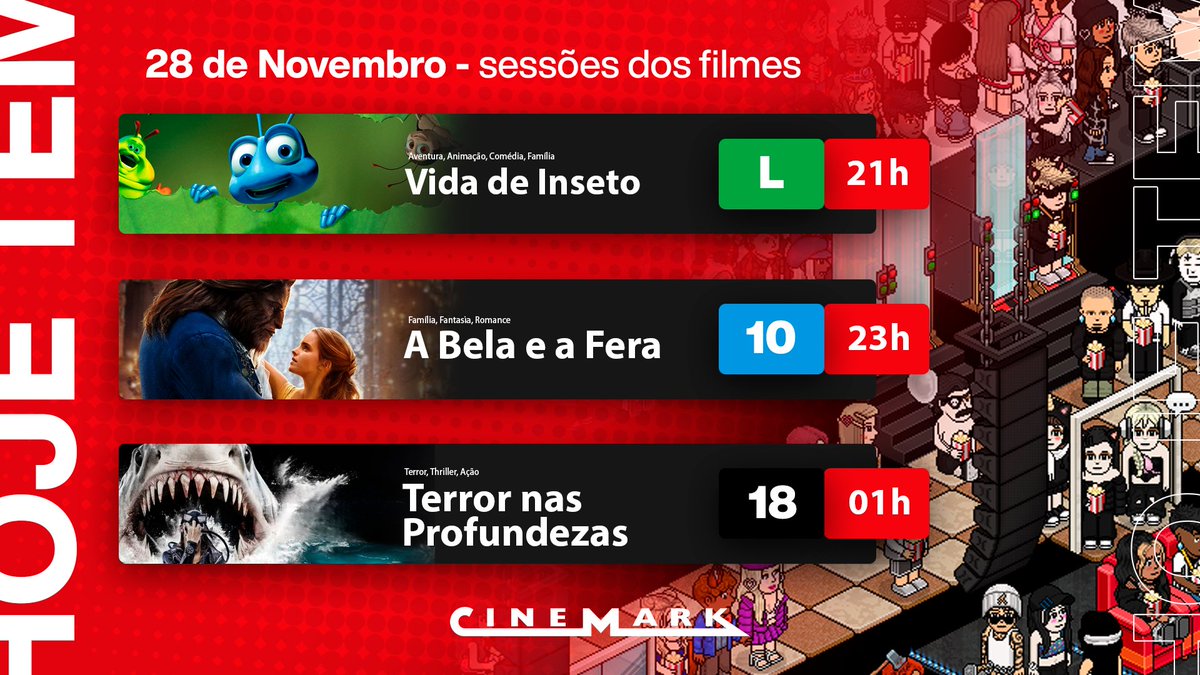 HabCinemark's tweet image. 🌟 Prepare-se para uma noite mágica no Cinemark! 🎬✨ Junte-se a nós para conhecer o mundo de &quot;Vida de Inseto&quot;, se apaixonar com &quot;A Bela e a Fera&quot; e enfrentar o medo em &quot;Terror nas Profundezas&quot;! Escolha seu destino e mergulhe na aventura! 🍿❤️
#VemProHabblet #Cinemark