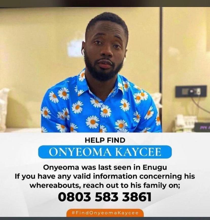 🚨 Urgent Appeal: Missing Person Dear Twitter Community, We need your help in finding KENECHUKWU KENNETH IGBO, (@onyeoma_kfc ) who went missing from Nsukka. Kaycee’s family is desperate for any information. KENECHUKWU KENNETH IGBO is 27years old. Last seen April 13th 2022