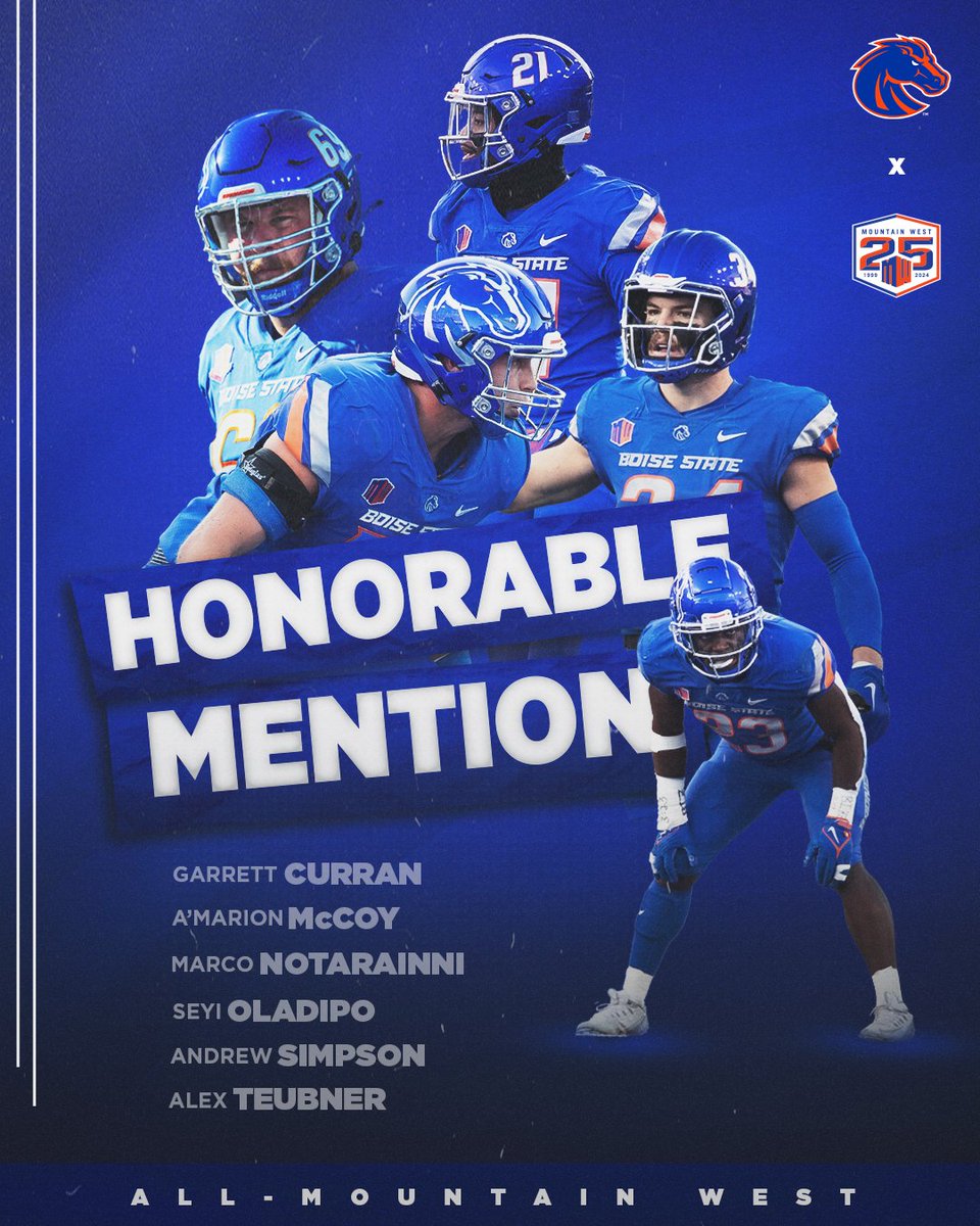 Boise State Football (@broncosportsfb) on Twitter photo On the Honor Roll!
<a href="/GarrettCurran55/">Garrett Curran</a>, @Seyi4Oladipo, <a href="/Marco_N08/">Marco Notarainni</a>, <a href="/Alex_2bner/">Alex Teubner</a> and A'Marion McCoy all named Honorable Mention All-MW!
📰 boi.st/23allmw
#Compete | #BleedBlue On the Honor Roll!
<a href="/GarrettCurran55/">Garrett Curran</a>, @Seyi4Oladipo, <a href="/Marco_N08/">Marco Notarainni</a>, <a href="/Alex_2bner/">Alex Teubner</a> and A'Marion McCoy all named Honorable Mention All-MW!
📰 boi.st/23allmw
#Compete | #BleedBlue